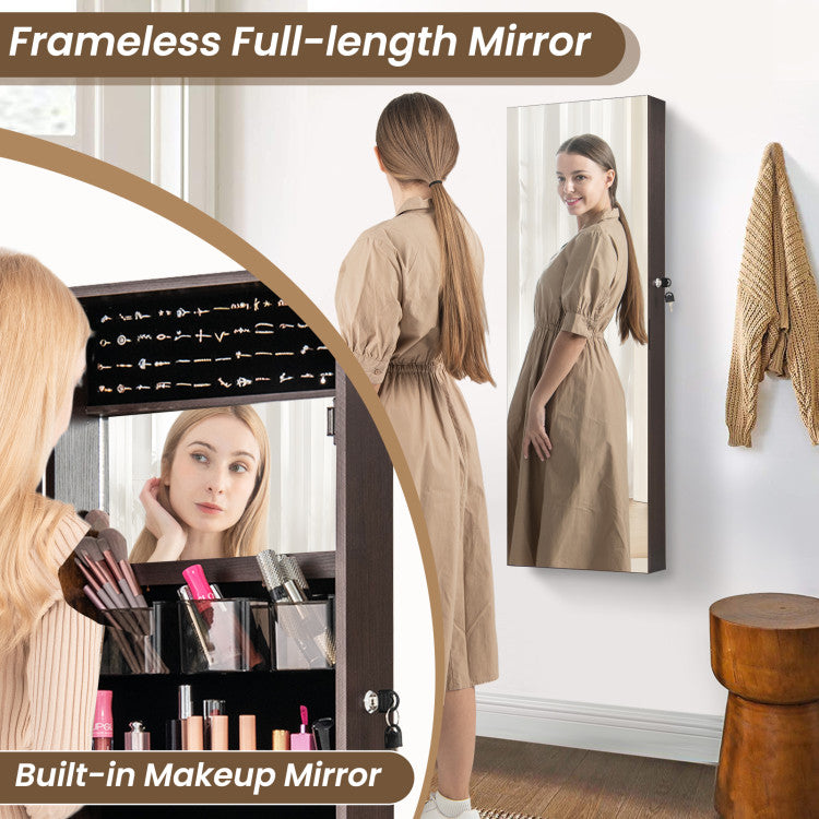 43.5 Inch Jewelry Mirror Cabinet with Full-length Mirror and Adjustable Hangers