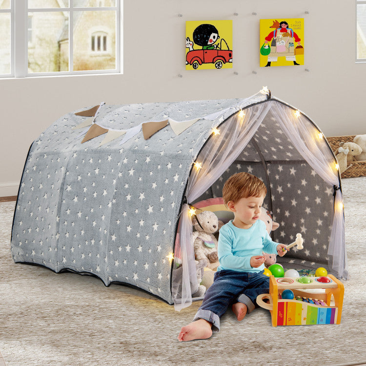 Kids Dream Bed Tent Twin Bunk Bed with Glow in the Dark Stars and Lights