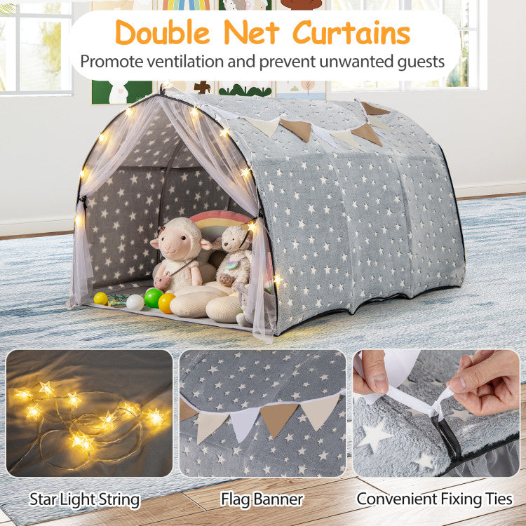 Kids Dream Bed Tent Twin Bunk Bed with Glow in the Dark Stars and Lights