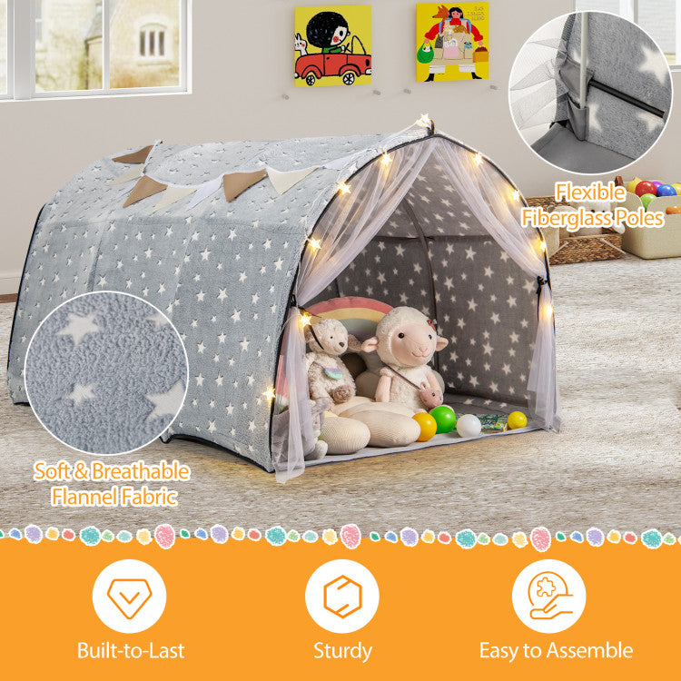 Kids Dream Bed Tent Twin Bunk Bed with Glow in the Dark Stars and Lights