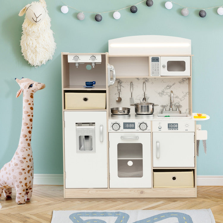 Kids Kitchen Playset with Adjustable LED Lights Removable Fabric Bins
