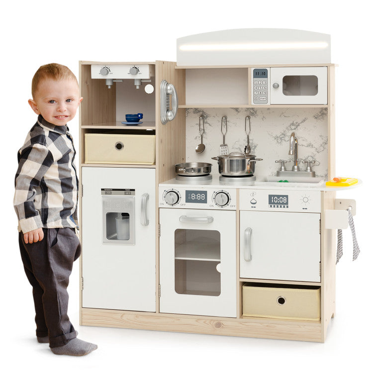 Kids Kitchen Playset with Adjustable LED Lights Removable Fabric Bins