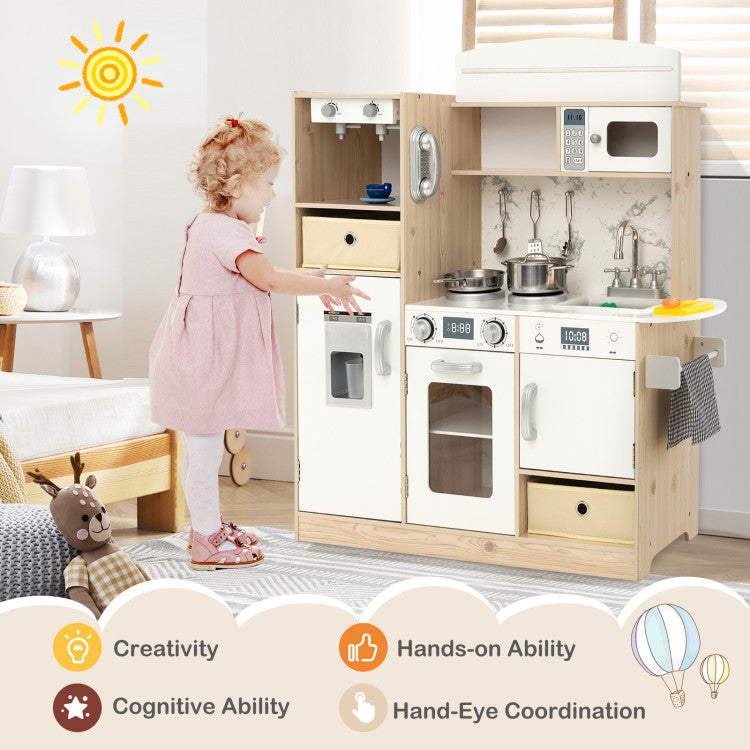 Kids Kitchen Playset with Adjustable LED Lights Removable Fabric Bins