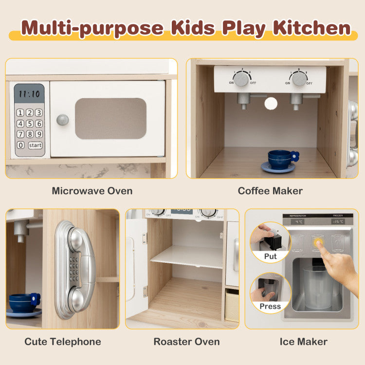 Kids Kitchen Playset with Adjustable LED Lights Removable Fabric Bins