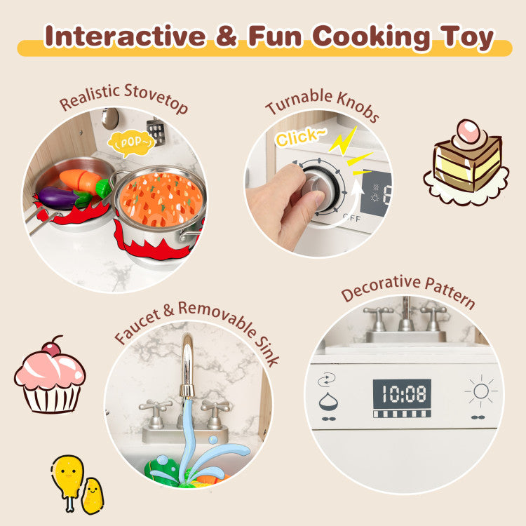 Kids Kitchen Playset with Adjustable LED Lights Removable Fabric Bins