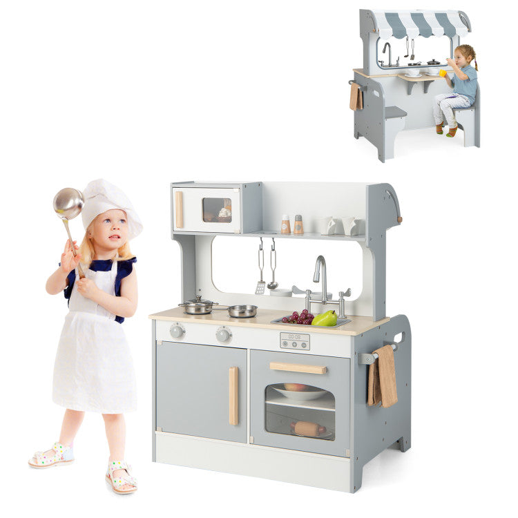 Double Sided Kids Pretend Kitchen Playset with 2-Seat Cafe