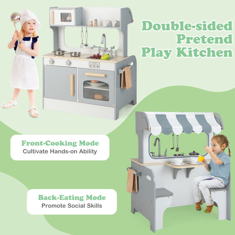 Double Sided Kids Pretend Kitchen Playset with 2-Seat Cafe