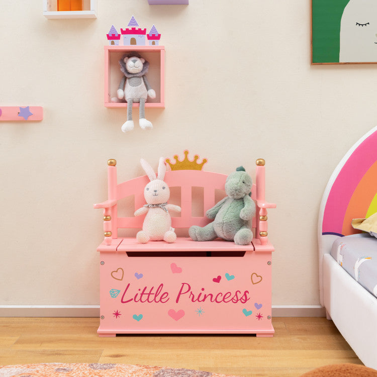 2-In-1 Kids Princess Wooden Toy Box with Safe Hinged Lid