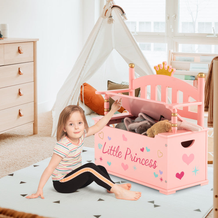 2-In-1 Kids Princess Wooden Toy Box with Safe Hinged Lid