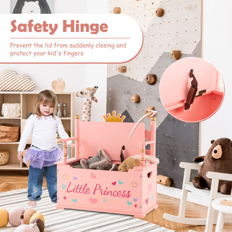 2-In-1 Kids Princess Wooden Toy Box with Safe Hinged Lid