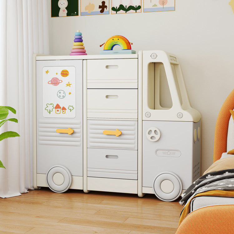 Kids Toy Storage Organizer Bus-shaped Children Cabinet with 4 Pull-out Drawers with Handles