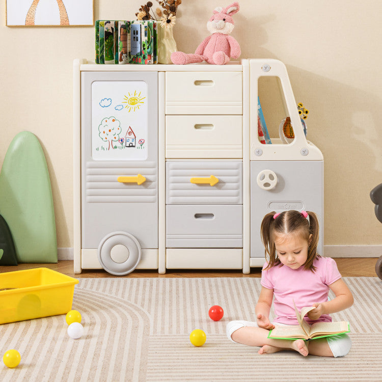 Kids Toy Storage Organizer Bus-shaped Children Cabinet with 4 Pull-out Drawers with Handles