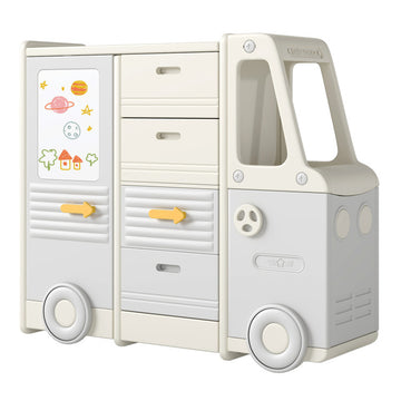 Kids Toy Storage Organizer Bus-shaped Children Cabinet with 4 Pull-out Drawers with Handles