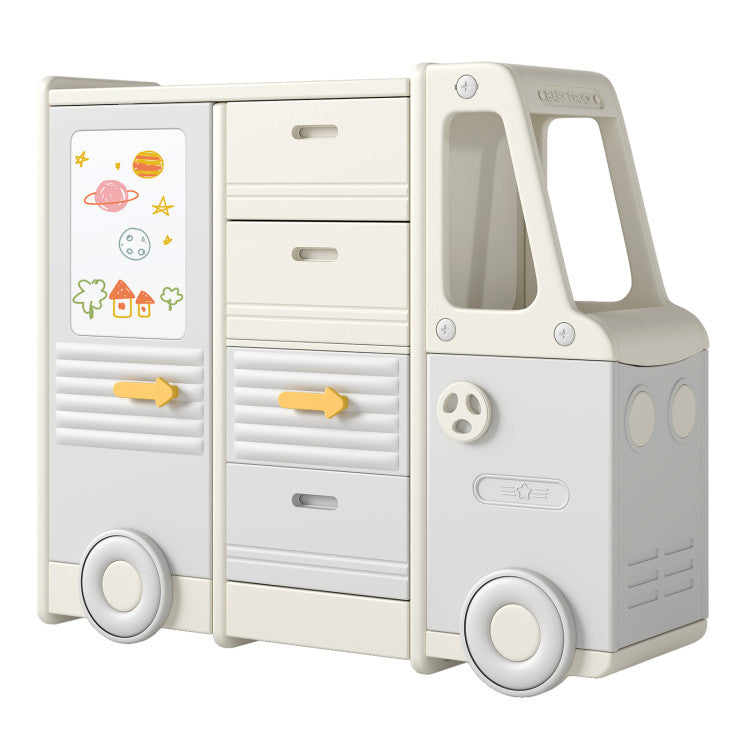 Kids Toy Storage Organizer Bus-shaped Children Cabinet with 4 Pull-out Drawers with Handles