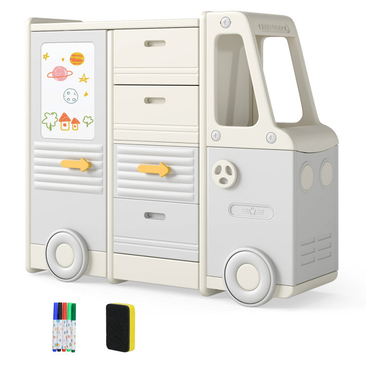 Kids Toy Storage Organizer Bus-shaped Children Cabinet with 4 Pull-out Drawers with Handles