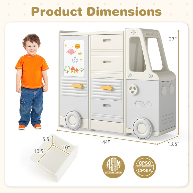 Kids Toy Storage Organizer Bus-shaped Children Cabinet with 4 Pull-out Drawers with Handles