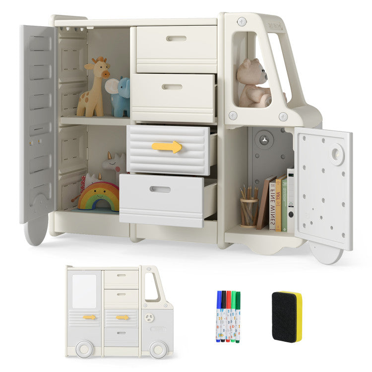 Kids Toy Storage Organizer Bus-shaped Children Cabinet with 4 Pull-out Drawers with Handles