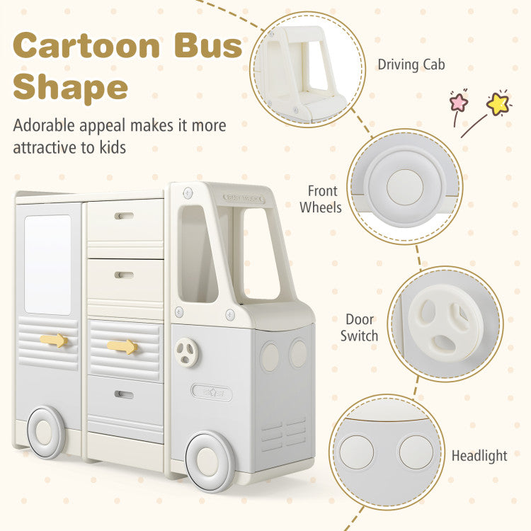 Kids Toy Storage Organizer Bus-shaped Children Cabinet with 4 Pull-out Drawers with Handles