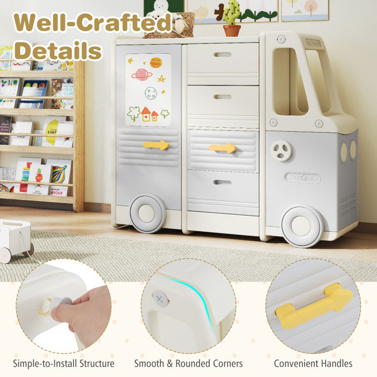 Kids Toy Storage Organizer Bus-shaped Children Cabinet with 4 Pull-out Drawers with Handles
