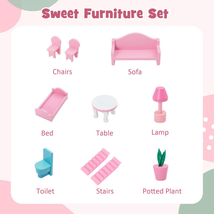 Kids Wooden Dollhouse Playset with 5 Simulated Rooms and 10 Pieces of Furniture