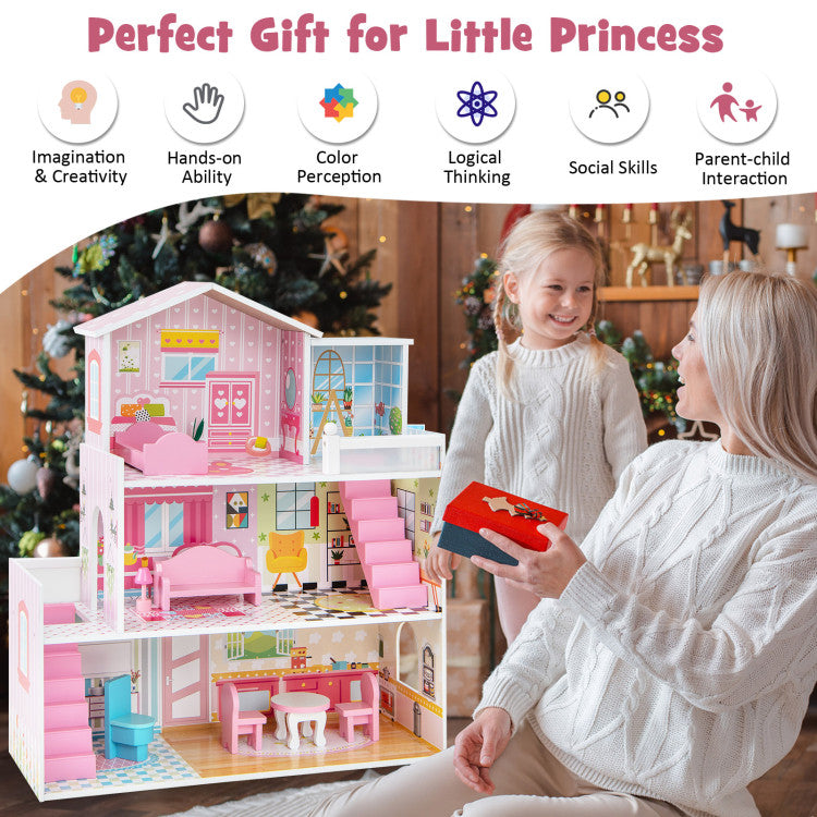 Kids Wooden Dollhouse Playset with 5 Simulated Rooms and 10 Pieces of Furniture