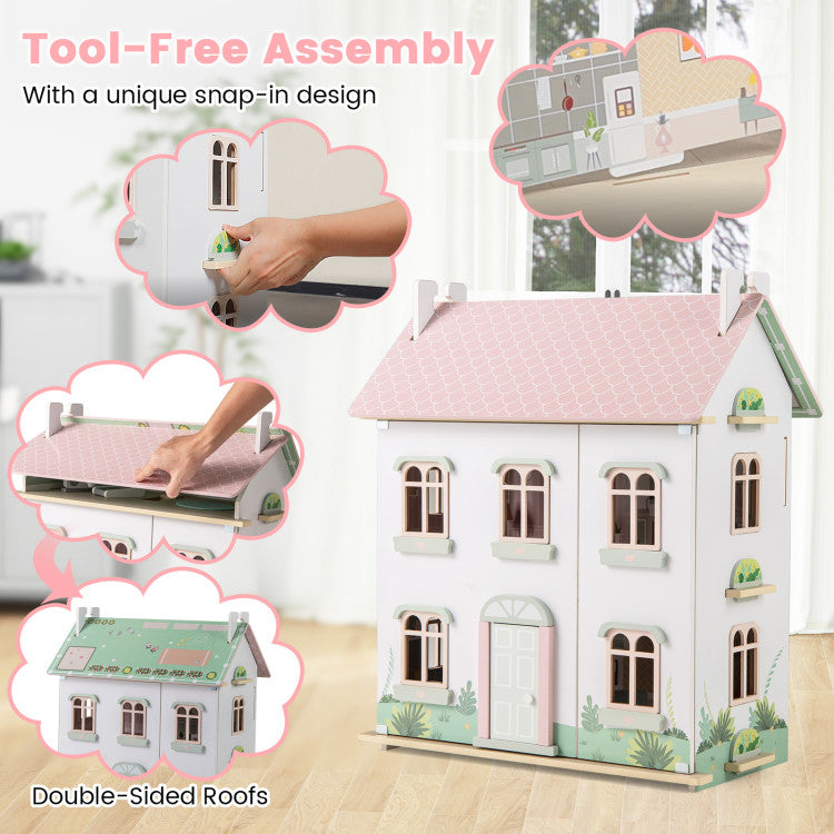 Kids Wooden Dollhouse 3 Level with Double-Sided Roofs and Doors