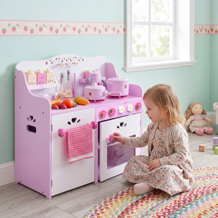 Kids Wooden Kitchen Toy Strawberry Pretend Cooking Playset