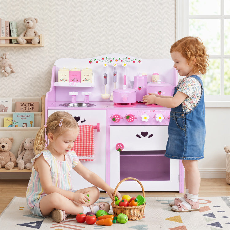 Kids Wooden Kitchen Toy Strawberry Pretend Cooking Playset