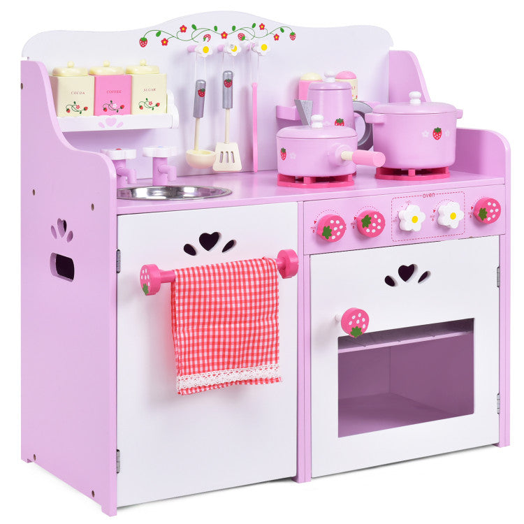 Kids Wooden Kitchen Toy Strawberry Pretend Cooking Playset
