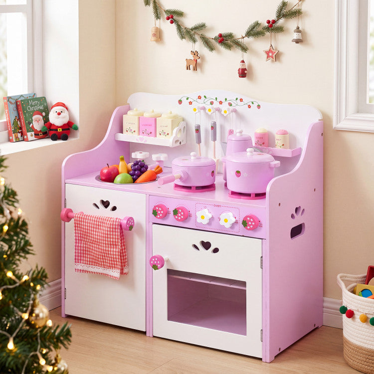 Kids Wooden Kitchen Toy Strawberry Pretend Cooking Playset