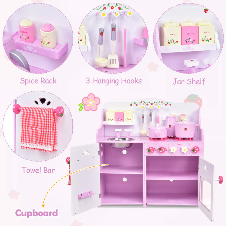 Kids Wooden Kitchen Toy Strawberry Pretend Cooking Playset