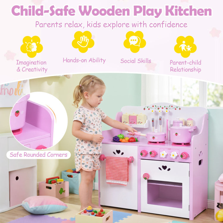 Kids Wooden Kitchen Toy Strawberry Pretend Cooking Playset