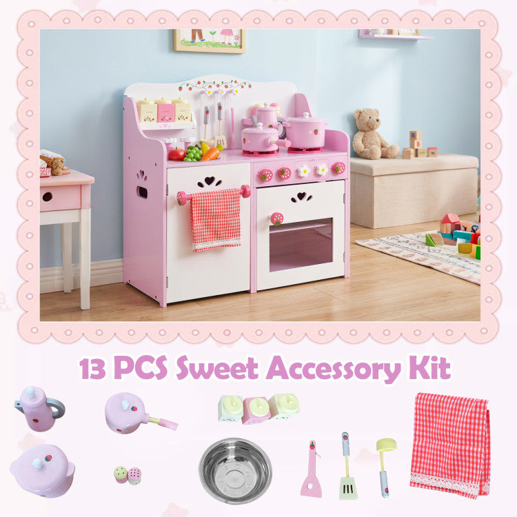 Kids Wooden Kitchen Toy Strawberry Pretend Cooking Playset
