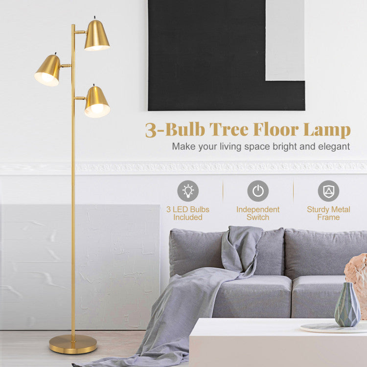 3-Bulb Floor Lamp Standing Tall Tree Lamp with 3 E26 A19 Bulbs and Adjustable Lampshades