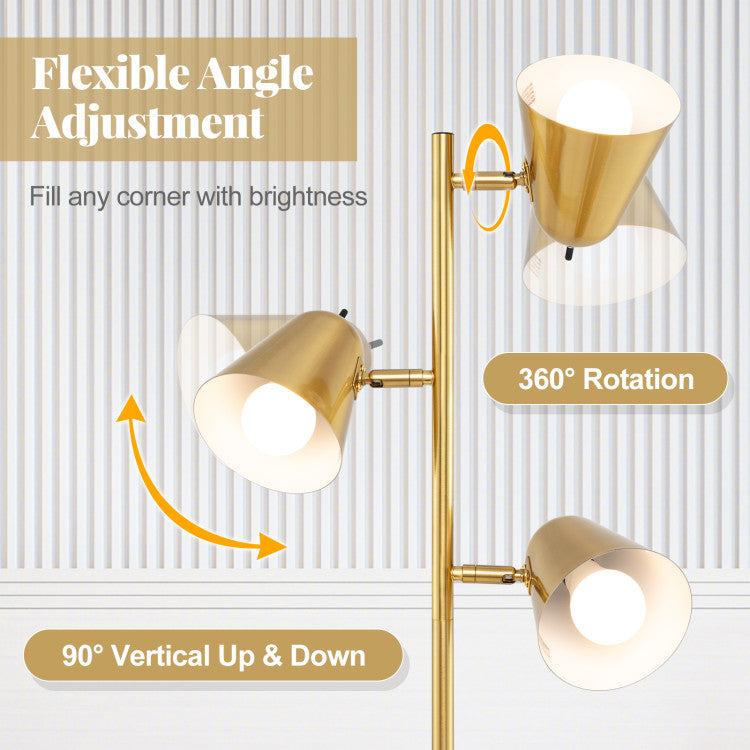 3-Bulb Floor Lamp Standing Tall Tree Lamp with 3 E26 A19 Bulbs and Adjustable Lampshades