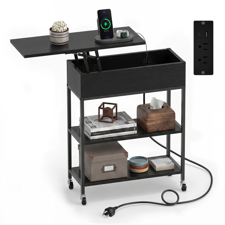 Lift Top End Table with Charging Station and Universal Wheels