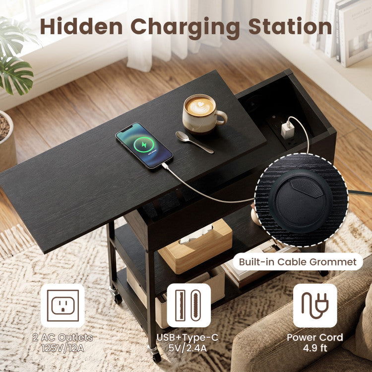 Lift Top End Table with Charging Station and Universal Wheels