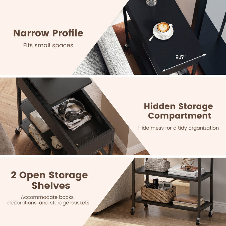 Lift Top End Table with Charging Station and Universal Wheels