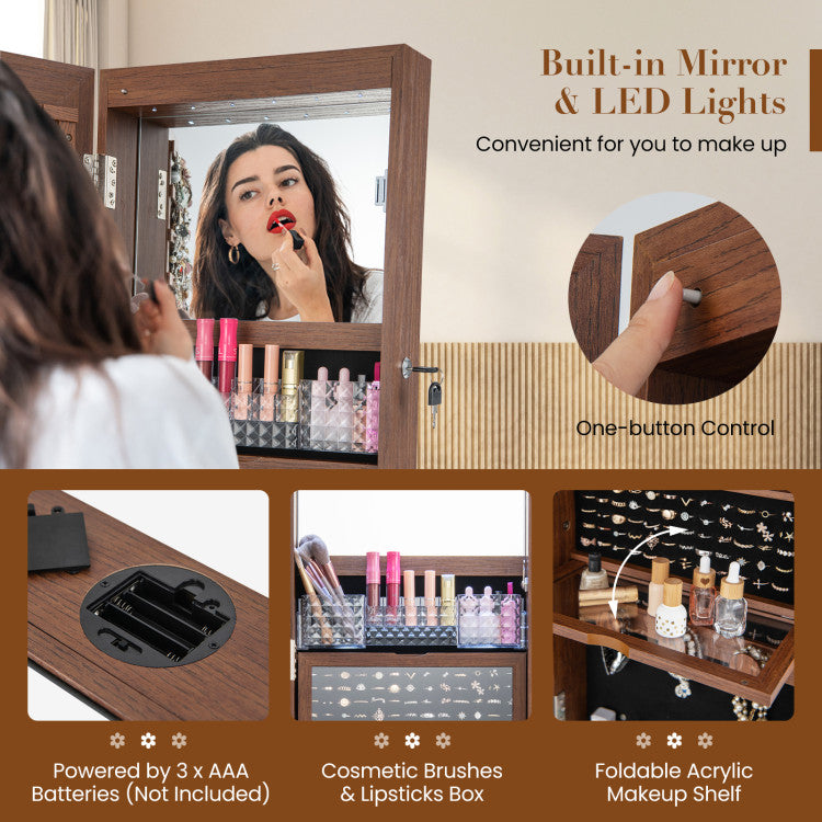 Lockable 360° Swivel Jewelry Cabinet with Full-Length Mirror LED Lights