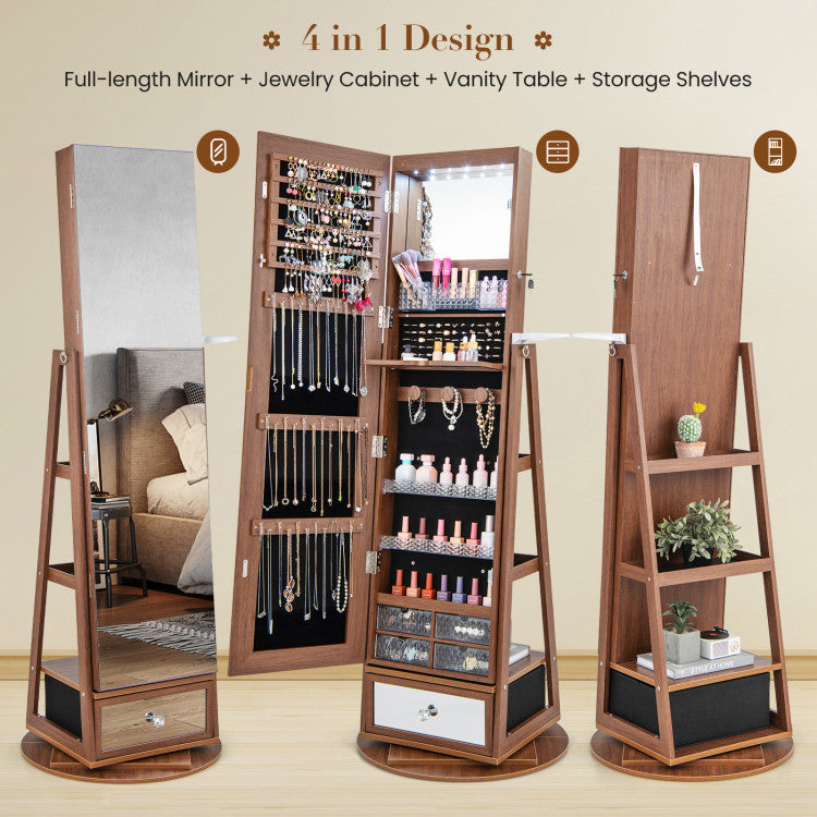 Lockable 360° Swivel Jewelry Cabinet with Full-Length Mirror LED Lights
