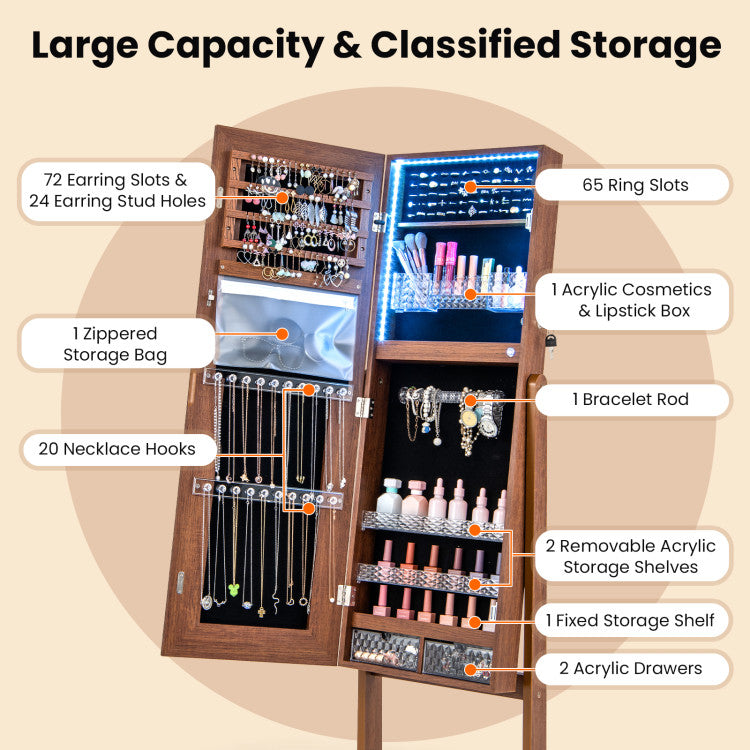 Lockable Jewelry Armoire Standing Cabinet with Lighted Full-Length Mirror