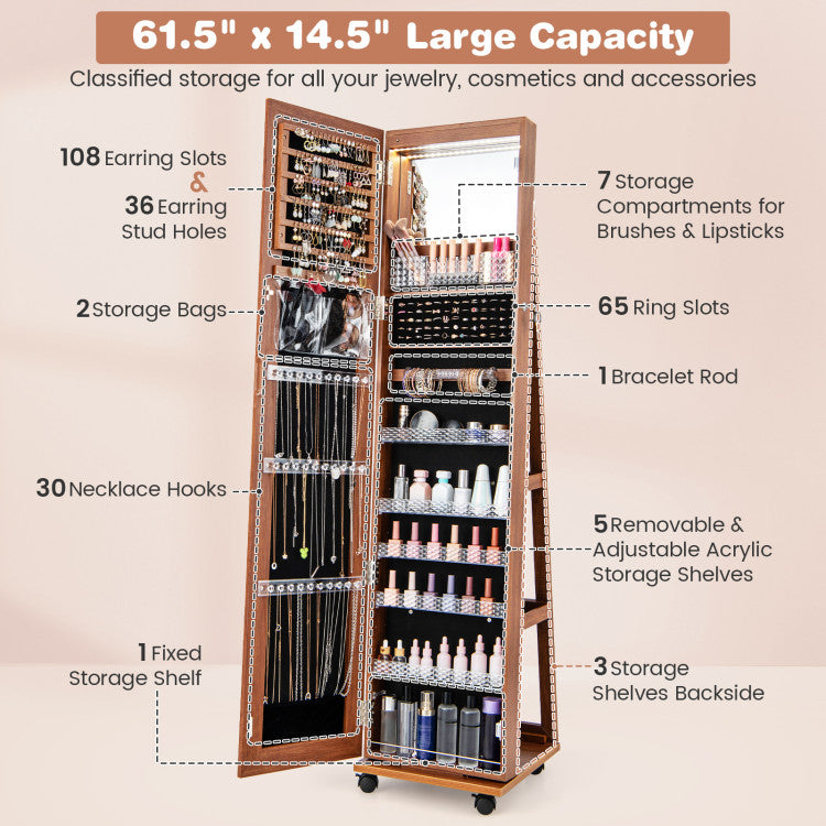 64 Inches Lockable Jewelry Cabinet Armoire with Built-in Makeup Mirror