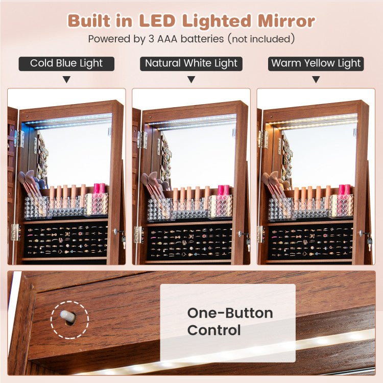 64 Inches Lockable Jewelry Cabinet Armoire with Built-in Makeup Mirror