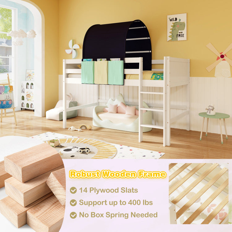 Twin Size Loft Bed Playhouse Bed Frame with Tower Tent and 3 Storage Pockets
