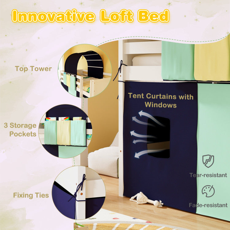 Twin Size Loft Bed Playhouse Bed Frame with Tower Tent and 3 Storage Pockets