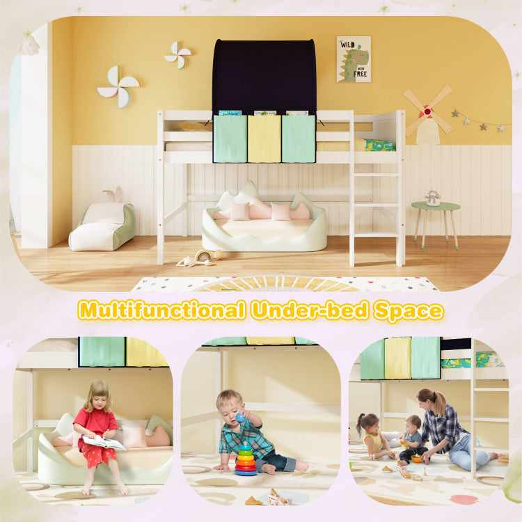 Twin Size Loft Bed Playhouse Bed Frame with Tower Tent and 3 Storage Pockets