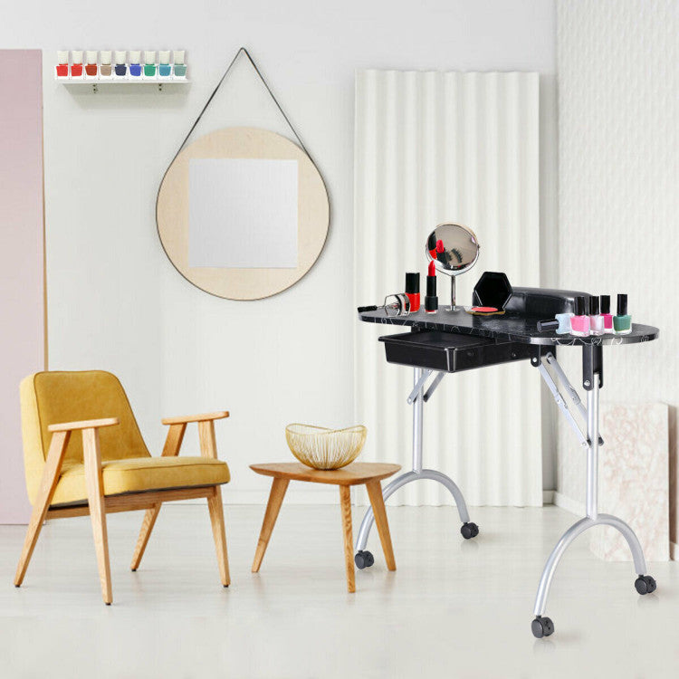 Foldable Portable Manicure Table with Drawer Casters and Cushion