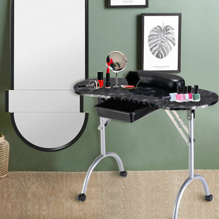 Foldable Portable Manicure Table with Drawer Casters and Cushion