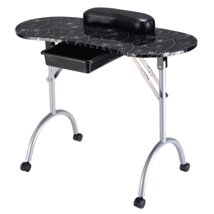 Foldable Portable Manicure Table with Drawer Casters and Cushion