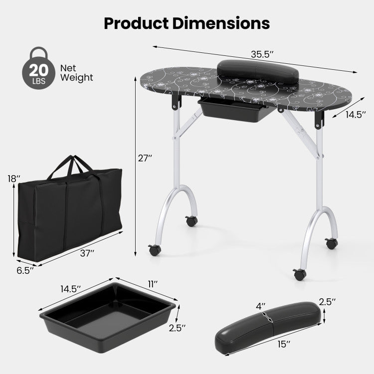 Foldable Portable Manicure Table with Drawer Casters and Cushion